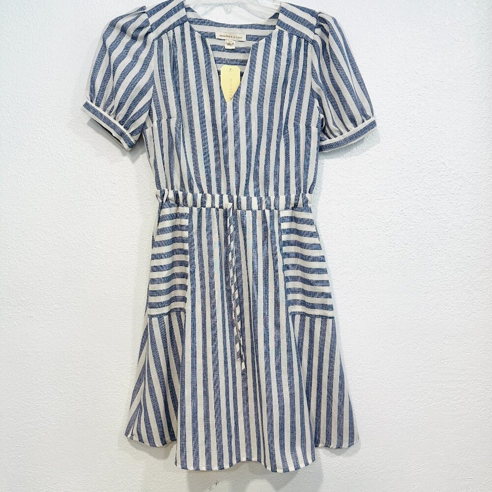 NWT Monteau Dress V-Neck Blue White Stripes Pockets Elastic Waist S/S Size Small